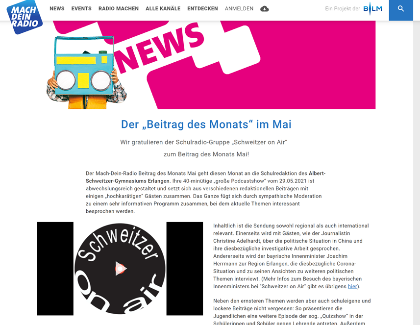 Medienauszeichnung f&uuml;r das Schulradio-Team &bdquo;Schweitzer on Air&ldquo;